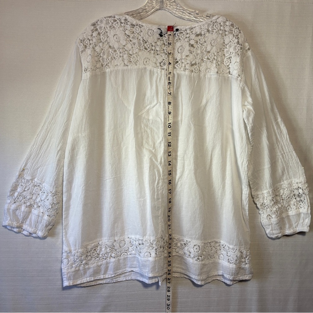 S.R. Fashion Crochet lace white top 3/4 sleeves 100% cotton crinkle fabric beach - Picture 8 of 12